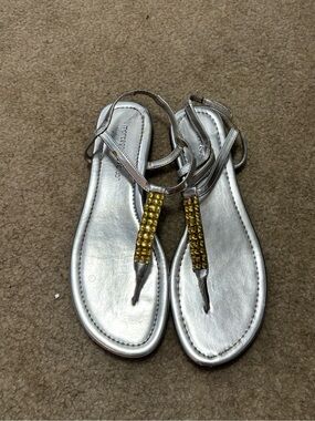 Montego Bay Club Silver T-Strap Sandals with Gold Beaded Accents